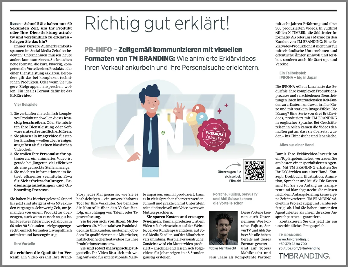 Südtiroler Wirtschaftszeitung – Artikel über Erklärvideo Südtirol
